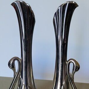 (SOLD) Pair of Vintage Silver Art Deco Swan Design Fluted Bud Vases